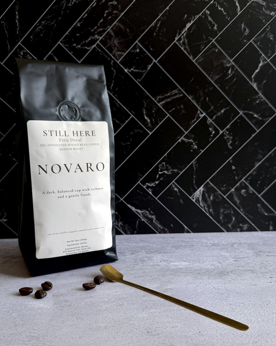 Novaro Still Here Peru Swiss Water decaf coffee lifestyle